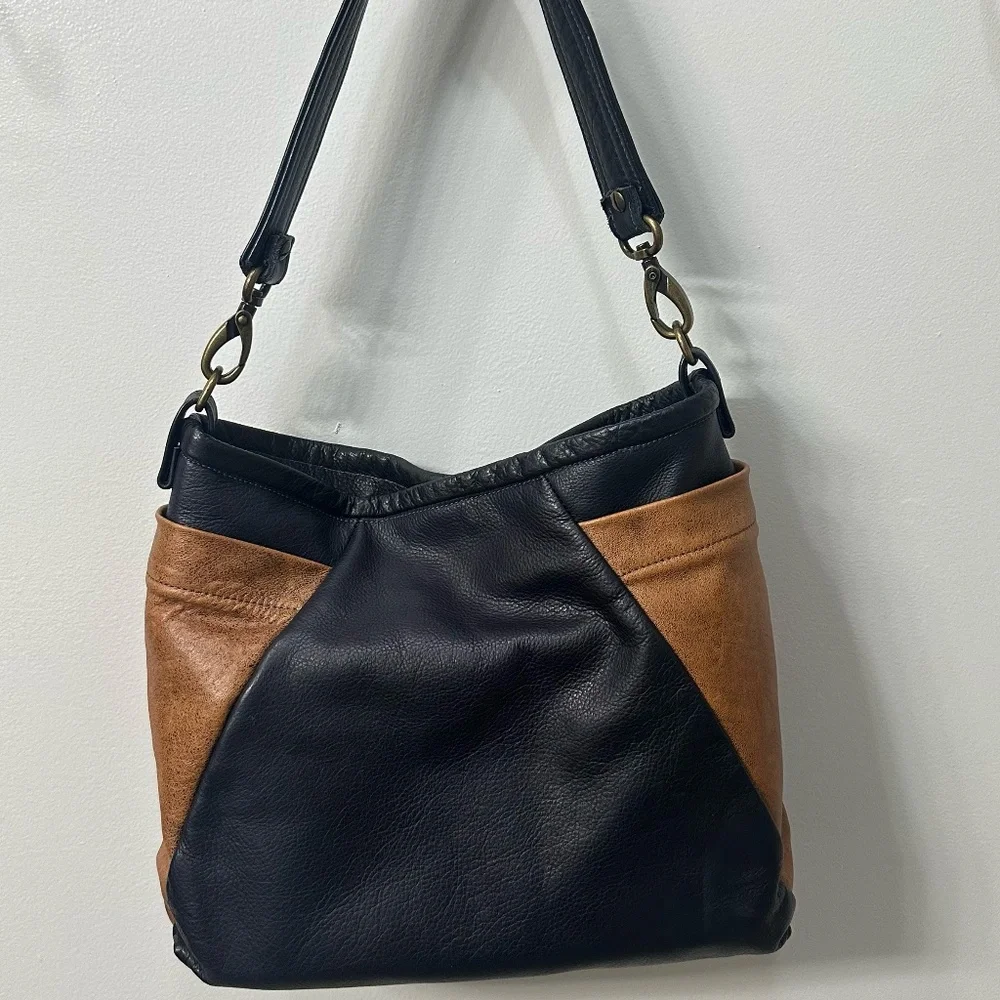 Custom North Moor Design Northern Right Leather Shoulder Bag EUC Navy and Tan - Picture 7 of 8